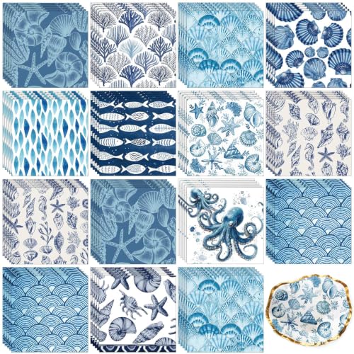 Glenmal 120 Pack 13 Inch Coastal Beach Blue Style Decoupage Napkins 12 Styles Sea Animal Summer Decorative Cocktail Napkins DIY Crafting Guest Tea Party Scrapbook Holiday Wedding Baby Shower