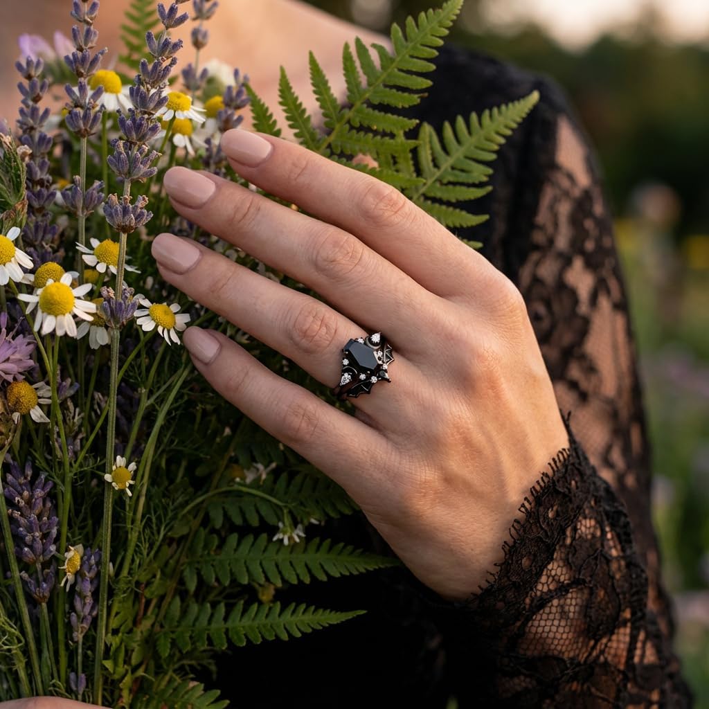 1ct-4ct Black Onyx Rings for Women 10K /14K /18K Solid Gold Black Onyx Engagement Ring Gemstone Gothic Wedding Promise Ring for Her Free Engraving