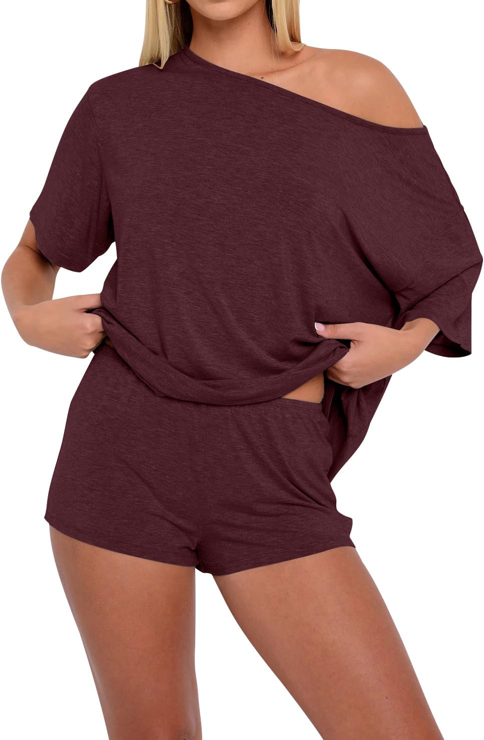 Lacozy Womens Pajama Sets 2 Piece Lounge Sleep Shirts Off Shoulder Tops Shorts Sexy Sleepwear Loungewear Summer Outfits