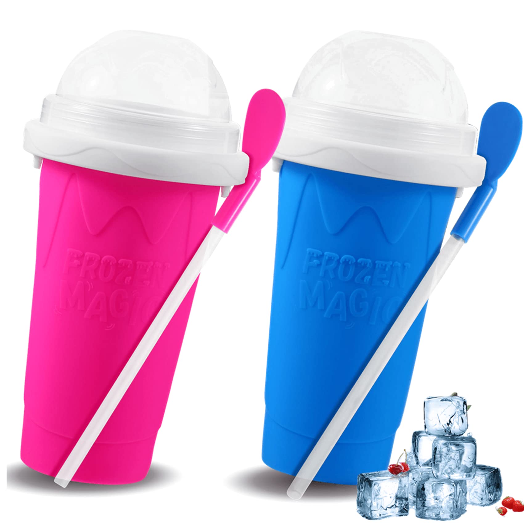 Slushie Maker Cup, Slushie Maker Magic Squeeze Cup Double Layer Squeeze Cup, Homemade Milkshake Maker Cooling Cup DIY for Family (Red+Blue)