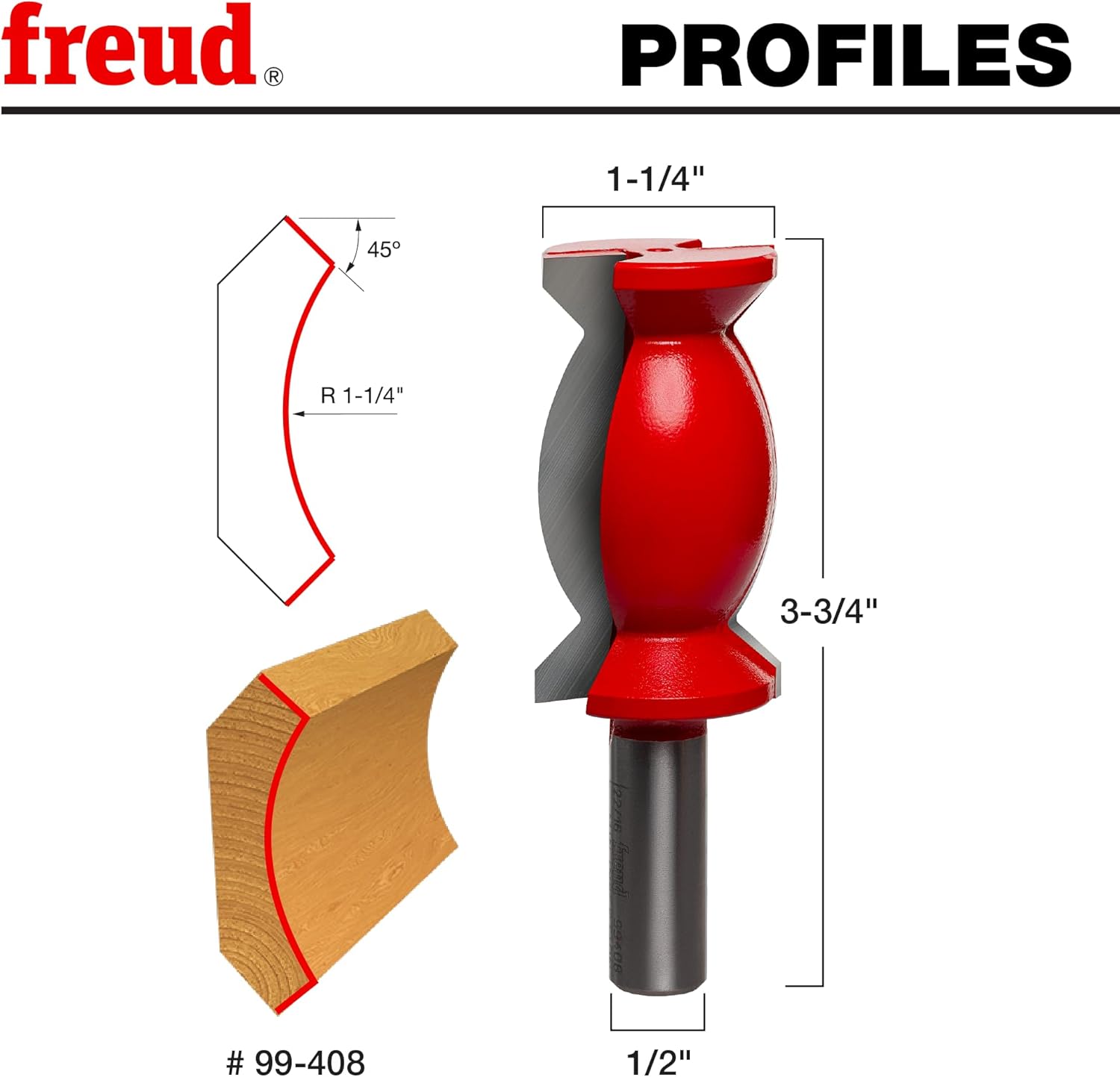 Freud 99-408: 1-1/4" (dia.) Crown Molding Bit with 1/2" shank, 1-1/4" large radius