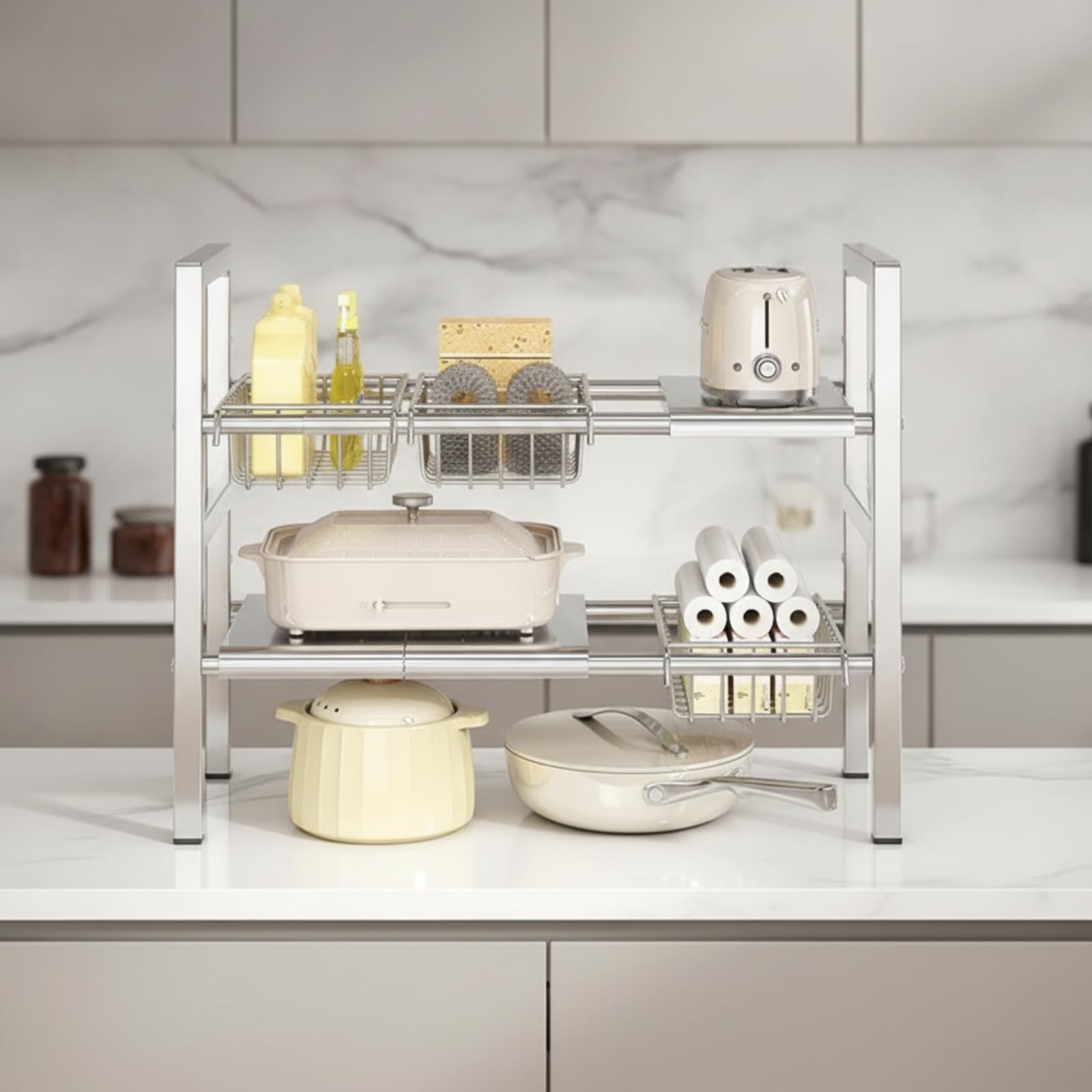 Organizzatore Sottolavello a Due Livelli Telescopico Portaoggetti in Acciaio Inox Rete per Mobile Basso, Stile B