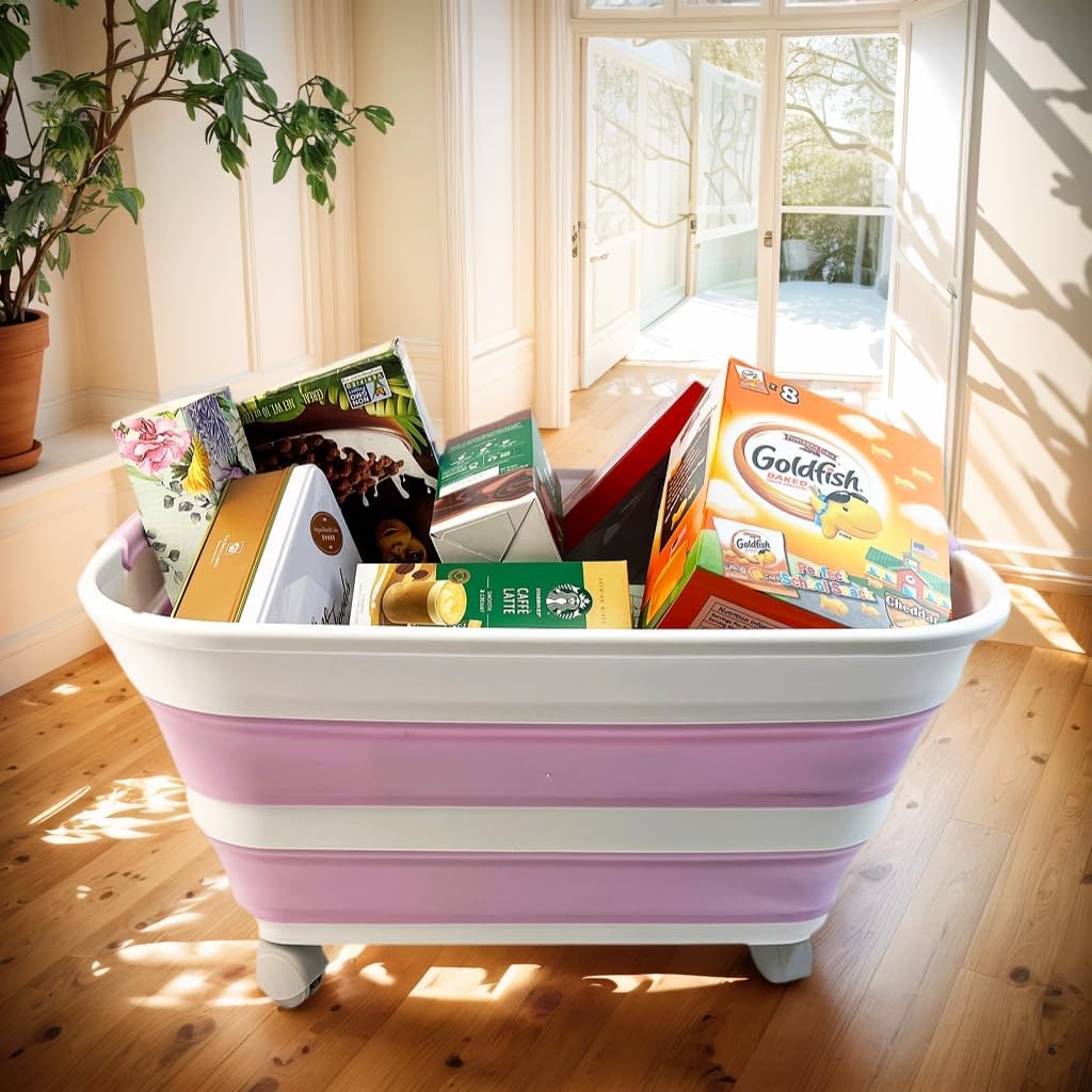 SAMMART 27L (7.1 Gallons) Collapsible Plastic Laundry Basket with Handle and wheels -Foldable Pop Up Storage Basket with handle (White/Pale Purple/White (Set of 2))