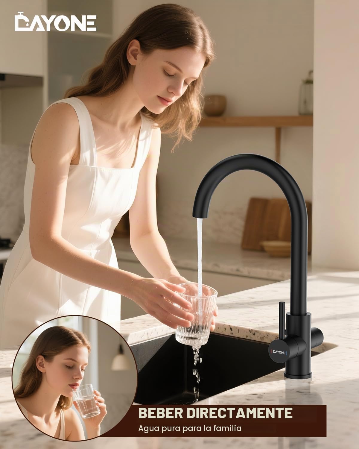 DAYONE Grifo de cocina de 3 vías, Negro Mate Grifo de Agua Potable con 2 Palancas, Grifo Giratorio 360° de Acero Inoxidable, Grifo Mezclador 3 en 1 para Filtro de Agua