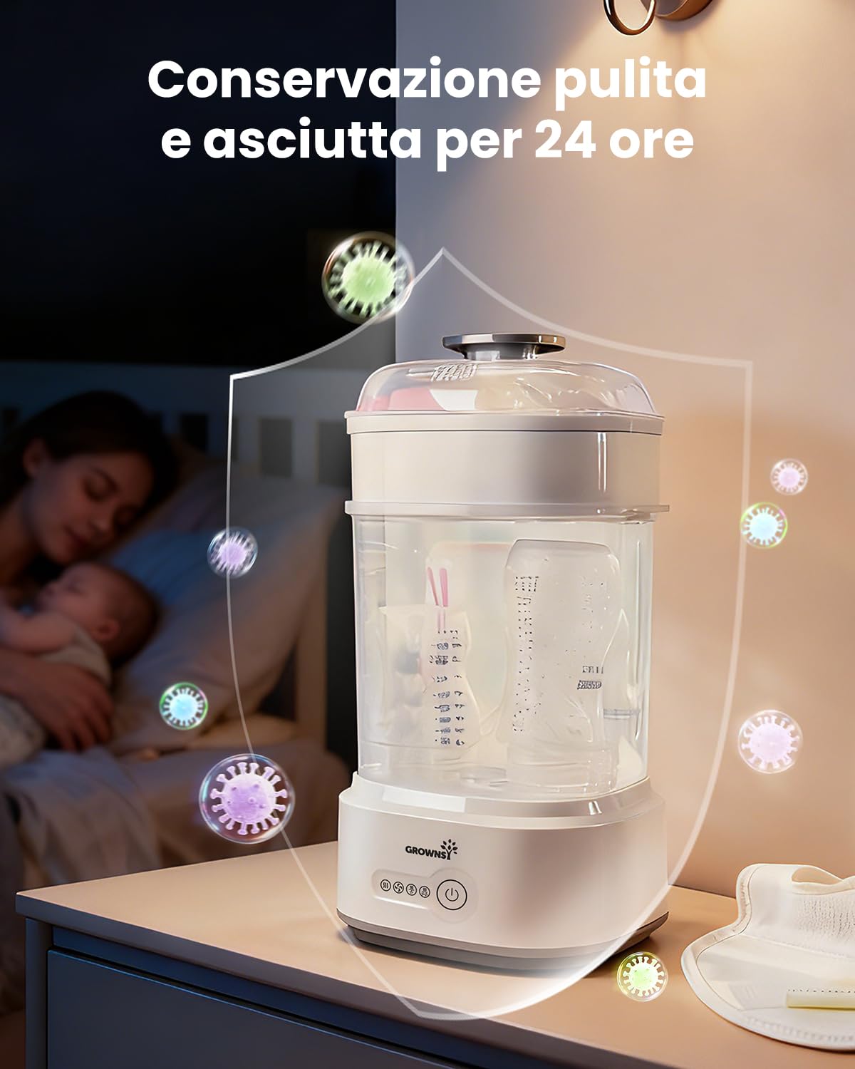 Grownsy Sterilizzatore Biberon con Asciugatura, Sterilizzatore Elettrico a Vapore Compatto per Biberon, Ciucci, Parti del Tiralatte