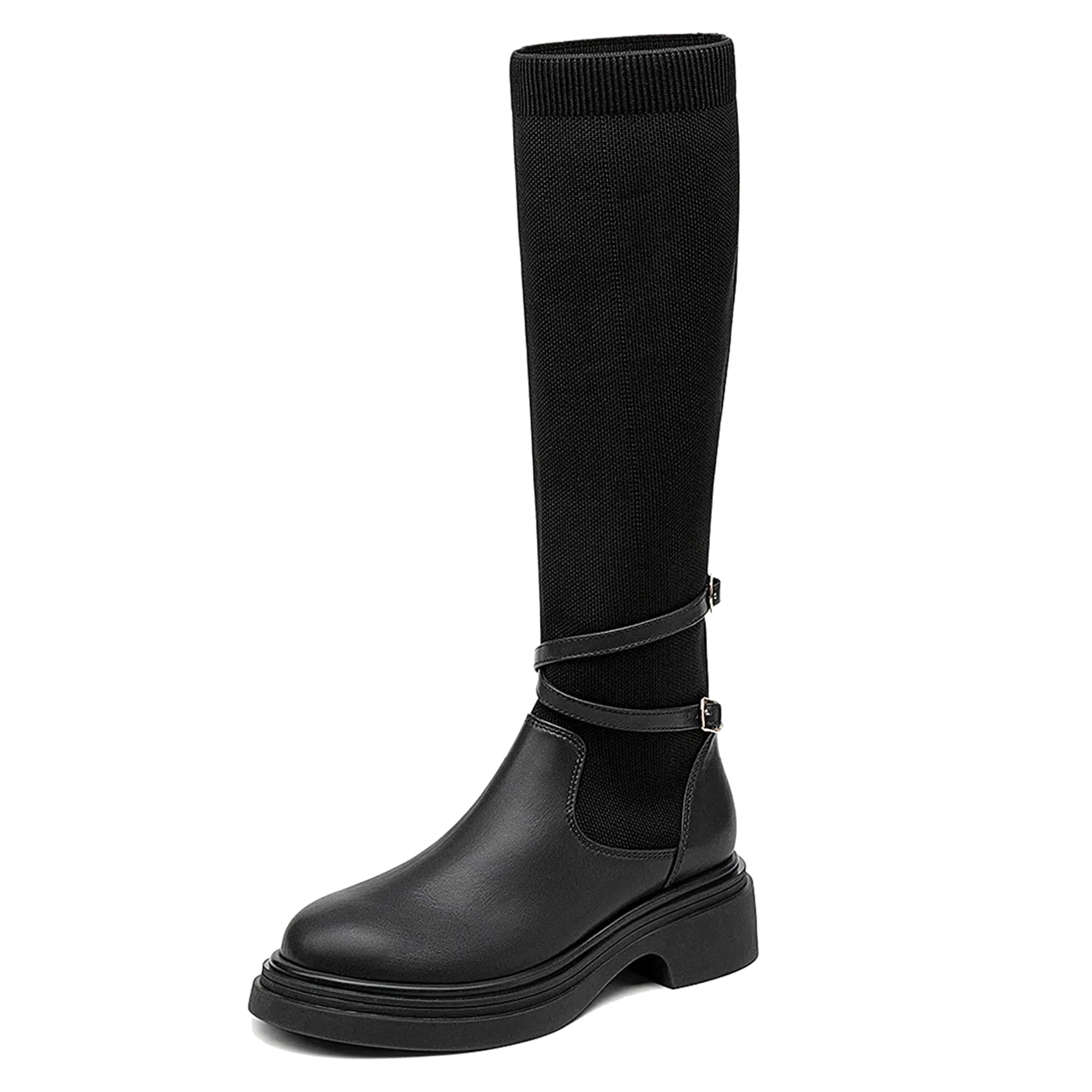 NEWBELLA Womens Punk Round Toe High Boots Black Adult Women 7 Numeric US Footwear Size System Medium