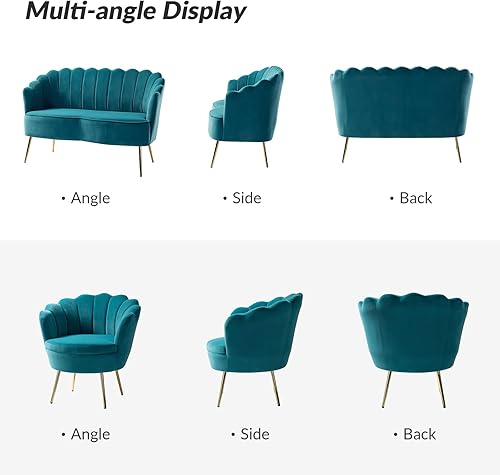 Miniatura 18 de HULALA HOME Moderno sofá biplaza de terciopelo con respaldo en forma de flor, cómodo sofá tapizado de 2 plazas con patas de metal dorado, sofá