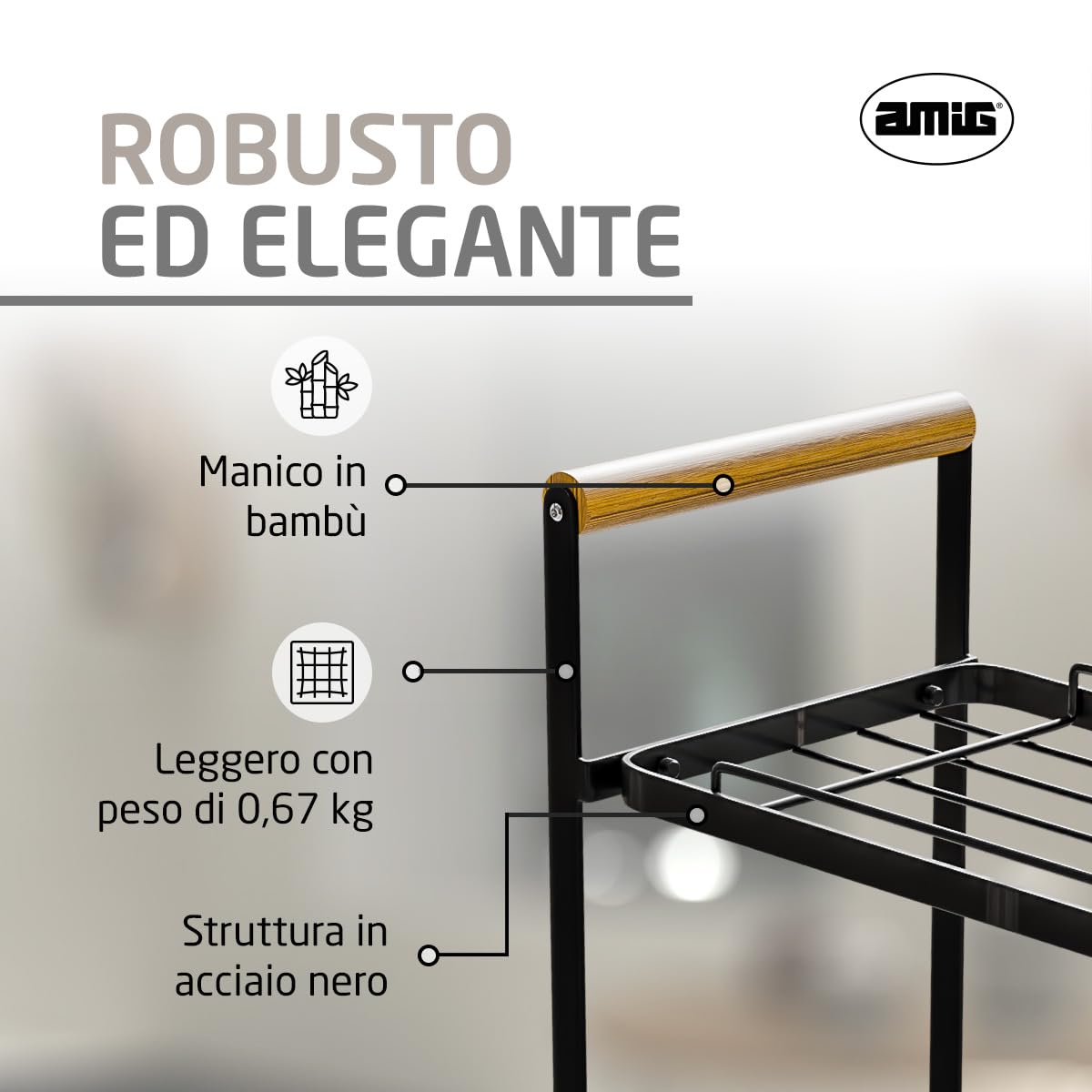 Amig - Scaffale Portatile a 2 Livelli - Organizer per Cucina o Bagno - Acciaio Nero e Bambù - Dimensioni: 260 x 130 x 287 mm