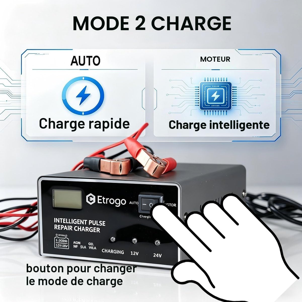 Etrogo Chargeur de Batterie de Voiture 12V 24V 10A Chargeur de Batterie Rapide Chargeur d'impulsions avec écran à Barre LED pour Voiture et Moto ou Bateau