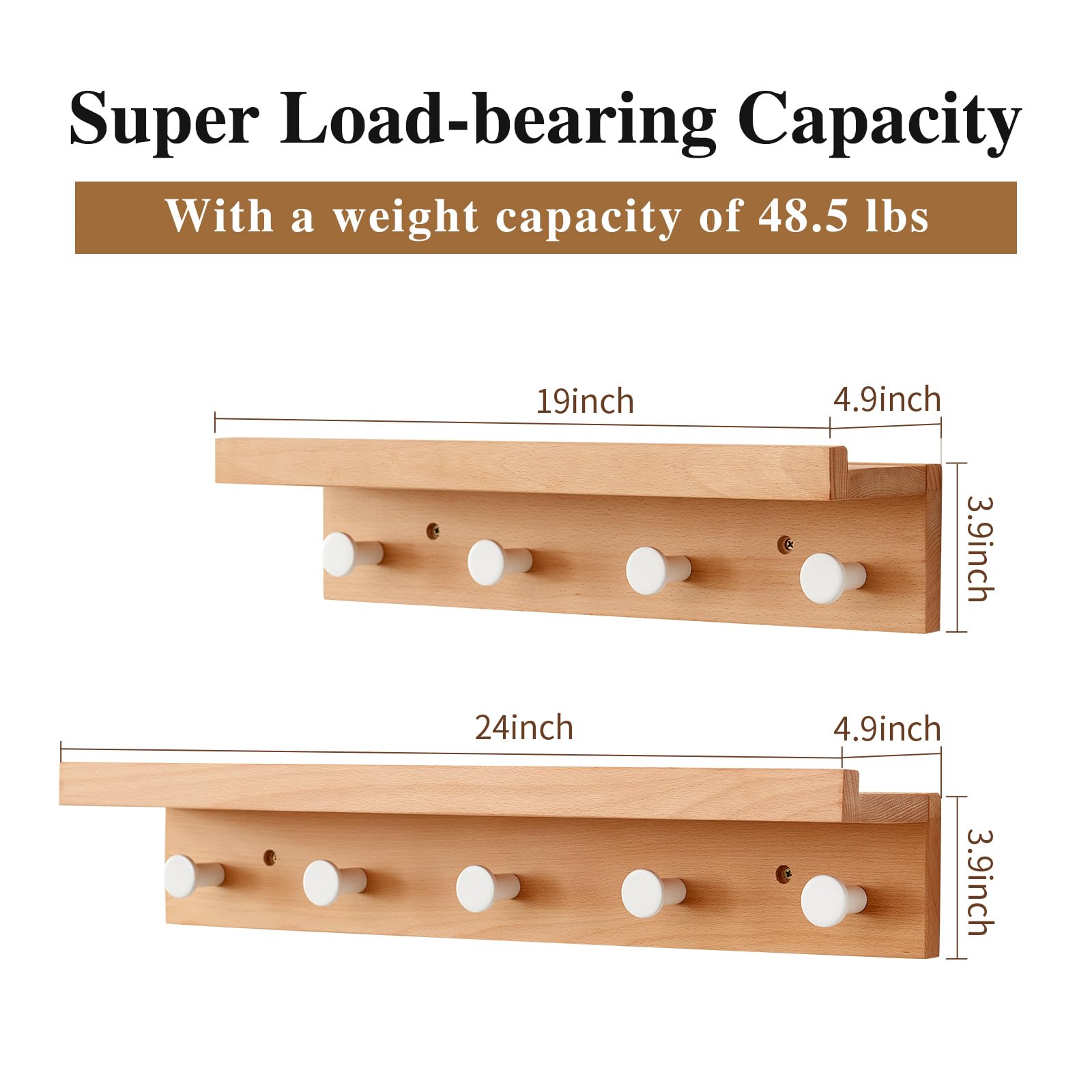 Ganchos de pared de madera de haya con estante, perchero con estante montado en la pared, estante de entrada con 4 ganchos para ropa, sombreros, toallas, bolsos, batas, baño, vestíbulo,