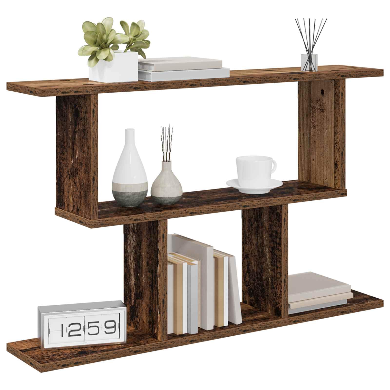 Scaffale da parete in legno anticato, 80 x 15 x 50,5 cm, con 4 scomparti, per libri e decorazioni, moderna mensola da parete per soggiorno