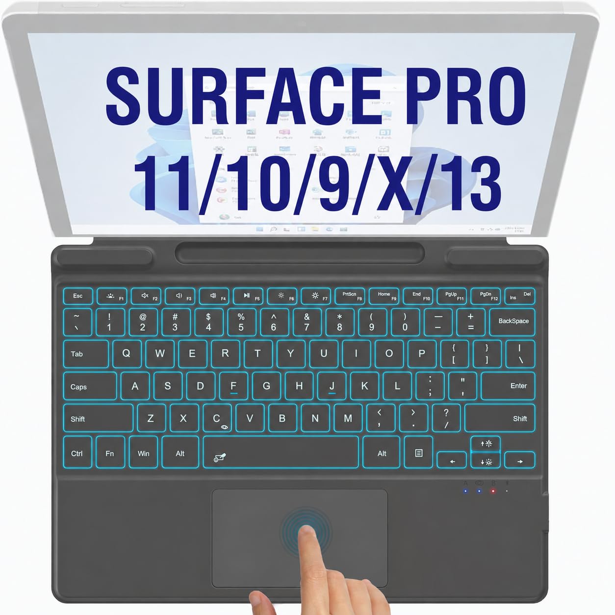 Tastiera Surface Pro 11/10/9/8/X/13 con trackpad - Cover wireless Bluetooth, tasti retroilluminati a 7 colori, design magnetico ultra sottile, ricaricabile tramite USB-C con portapenne