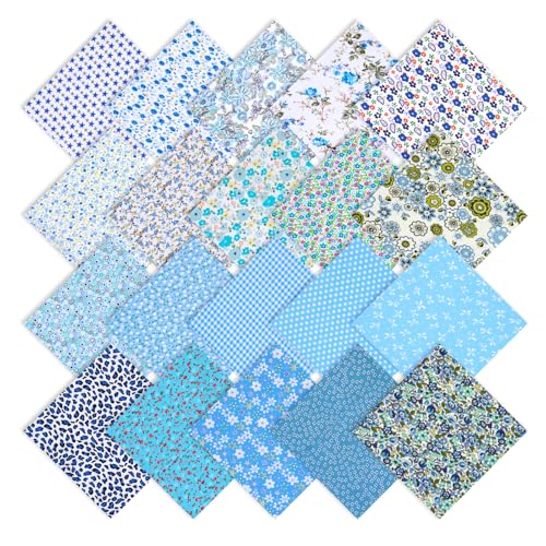 Image of 60 Pcs Fabric Squares, Blue Floral Cotton Quilting Fabric for Sewing