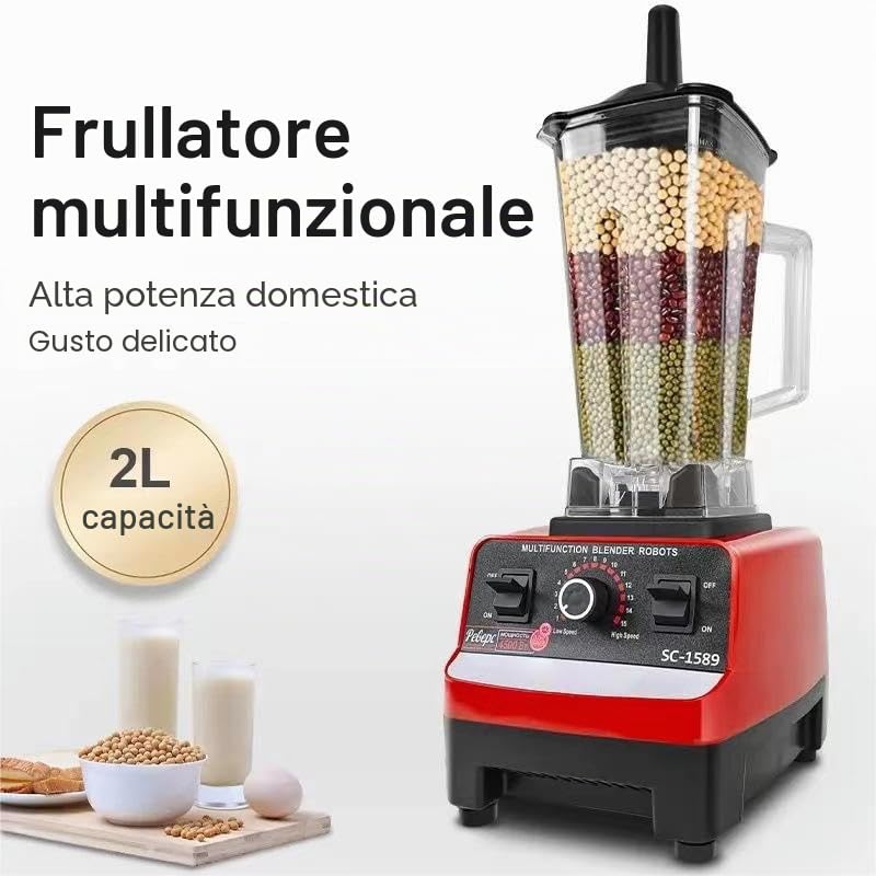 Blender Professionale Inox 2000 W - Mixeur Multifonzionale Con Velocità Regolabile, Pulizia Automatica, Contenitore In Vetro 2L Senza BPA Per Smoothie E Frutta (A)