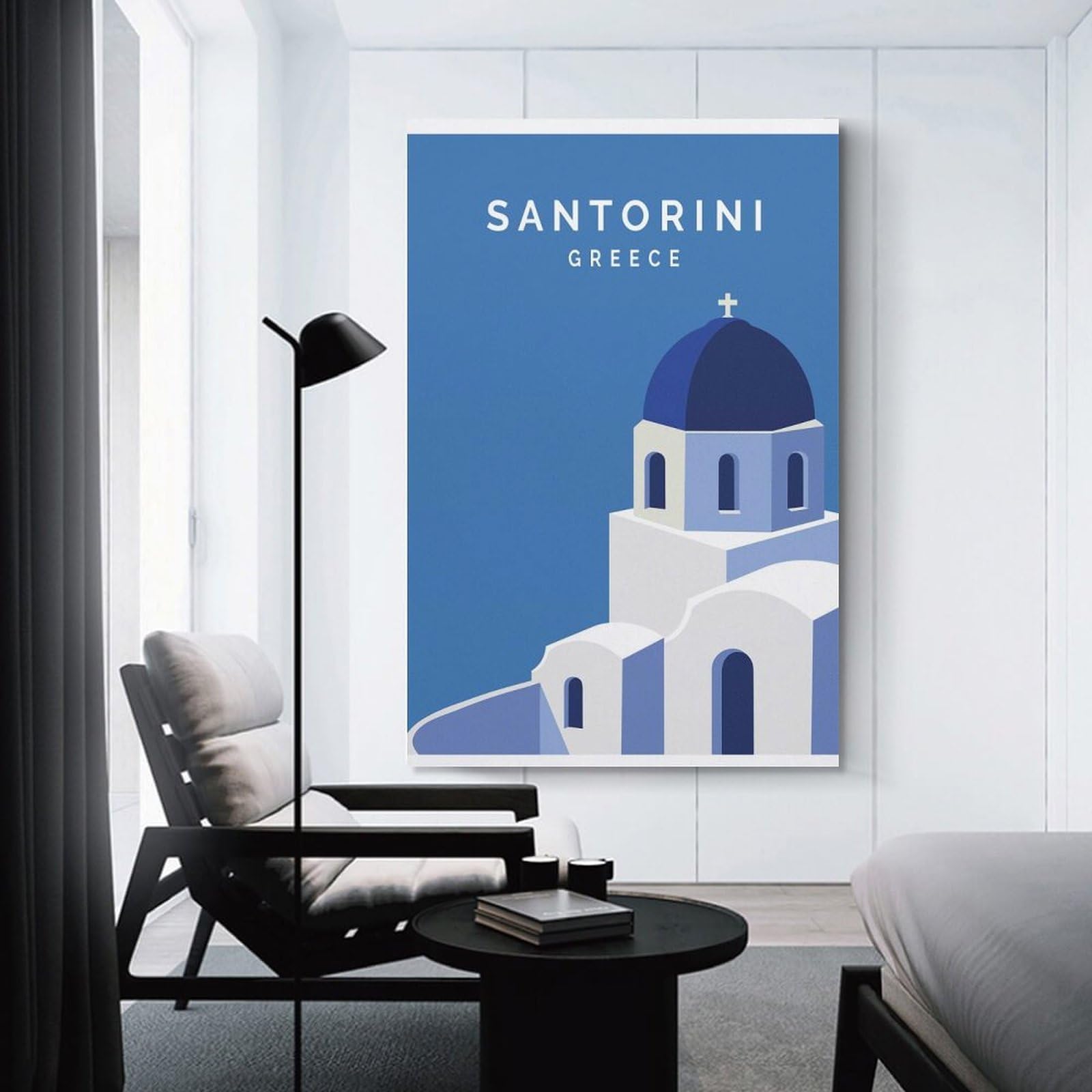 Junmoney Santorini Greece Minimalist Travel Canvas Art Print 20x30inch(50x75cm), for Entrance Spaces, Stair Walls Or Halls, Wall Decor to Refresh Empty Corners