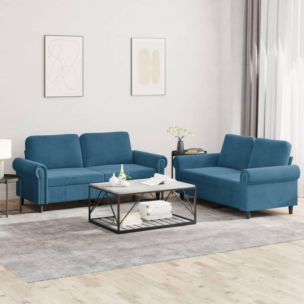 Set divano 2 pezzi blu velluto | Struttura in compensato e metallo, seduta imbottita, capacità 110 kg per seduta, ideale soggiorno