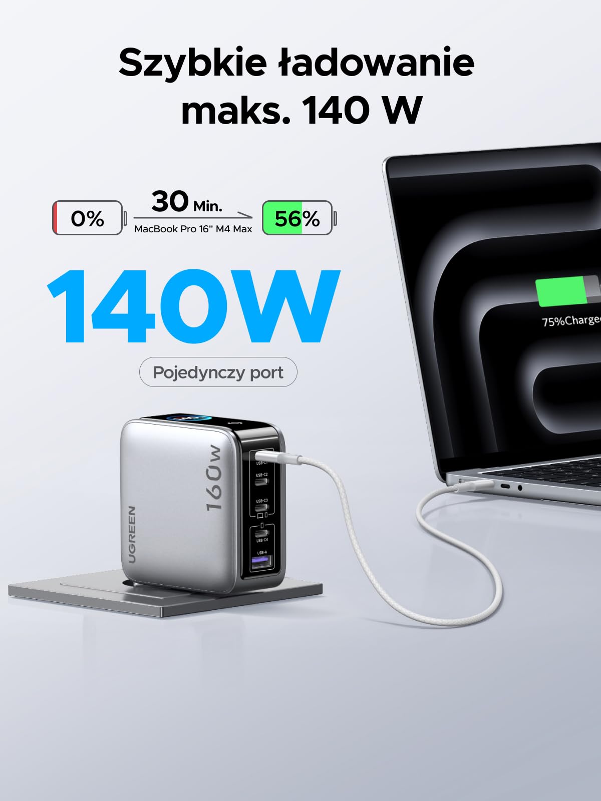 UGREEN Nexode Pro Ładowarka USB-C 160W, inteligentny wyświetlacz, 5 portami | Wyświetla stan ładowania w czasie rzeczywistym, 140W do laptopów, kompatybilna z MacBook Pro/Air, iPhone, Galaxy S26, iPad