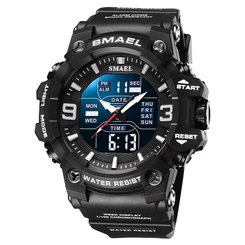 SMAEL Men's Military Watches Outdoor Sports Watch Waterproof LED Date Alarm Digital Analog Wrist Watches for Men Black