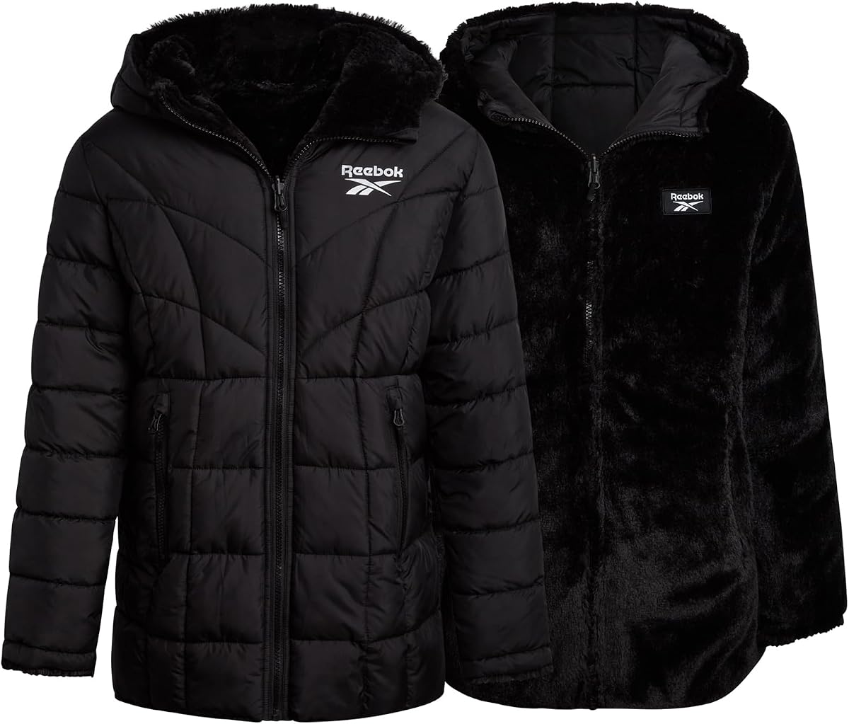 Girls Reversible Puffer Jacket, Fur Lined, Wind & Water Resistant