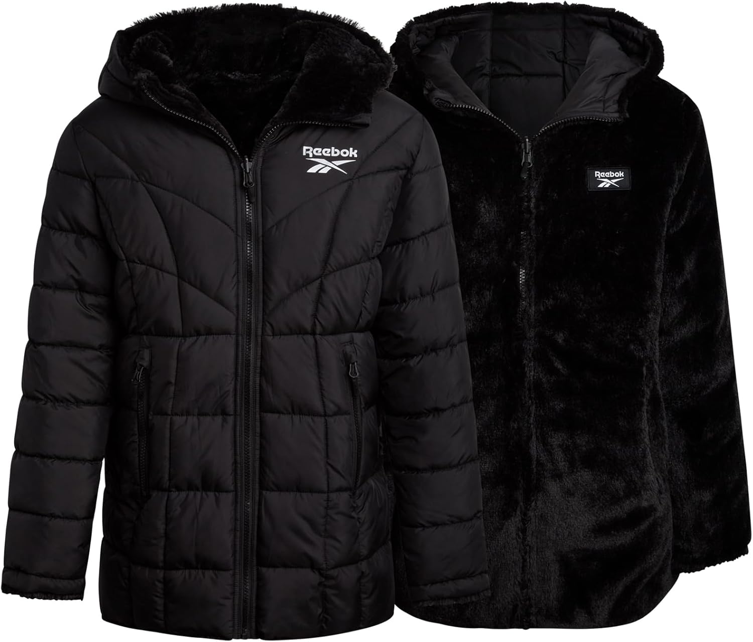 Reebok Girls Puffer Jacket - Reversible Hooded Fur Winter Coat - Wind and Water Resistant Insulated Quilted Jacket for Girls