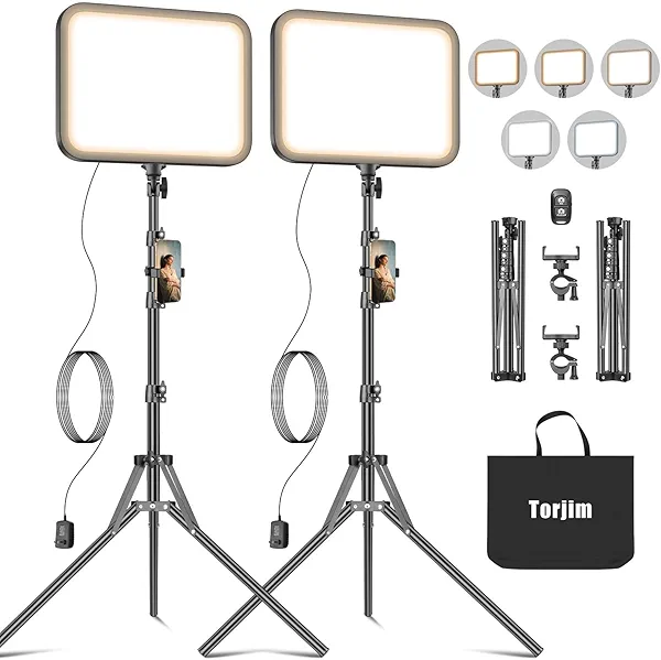 Torjim 12'' LED Video Light Kit | High Brightness | 5 Lighting Modes | 3000-6500K Studio Lights with Tripod Stand, Phone Holder &Wireless Remote | Professional Photography Lighting for Video Recording
