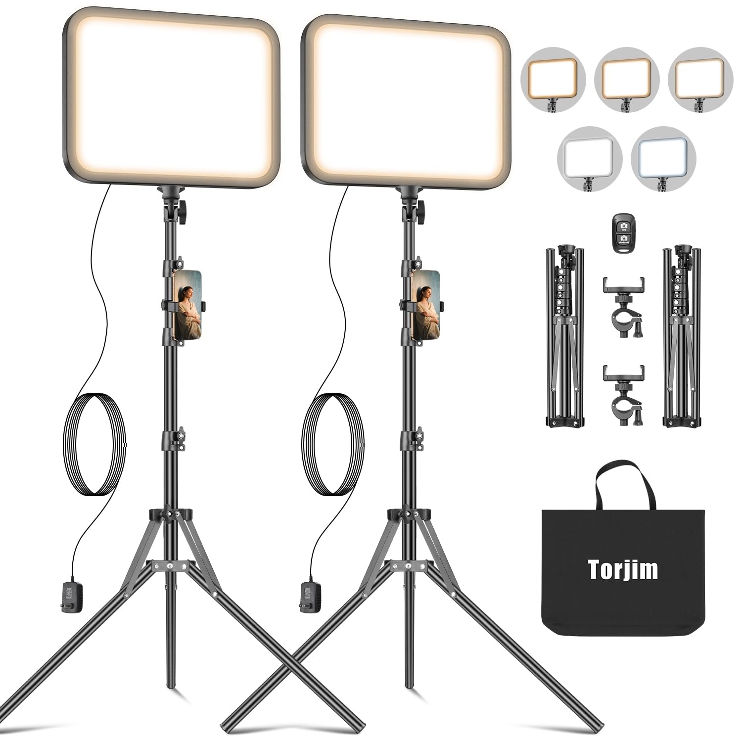 Torjim 12'' LED Video Light Kit | High Brightness | 5 Lighting Modes | 3000-6500K Studio Lights with Tripod Stand, Phone Holder &Wireless Remote | Professional Photography Lighting for Video Recording