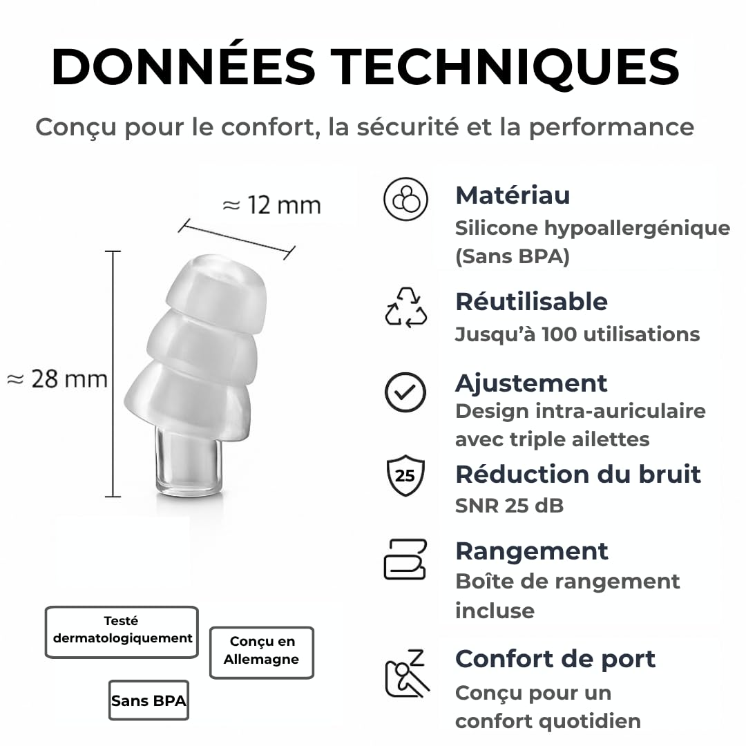 Bouchons d’oreilles Rooth C&P pour le sommeil - Bouchons anti-ronflement - Réduction du bruit de 25 dB - Confortables pour le jour et la nuit - Durables et réutilisables jusqu’à 100 fois (3)