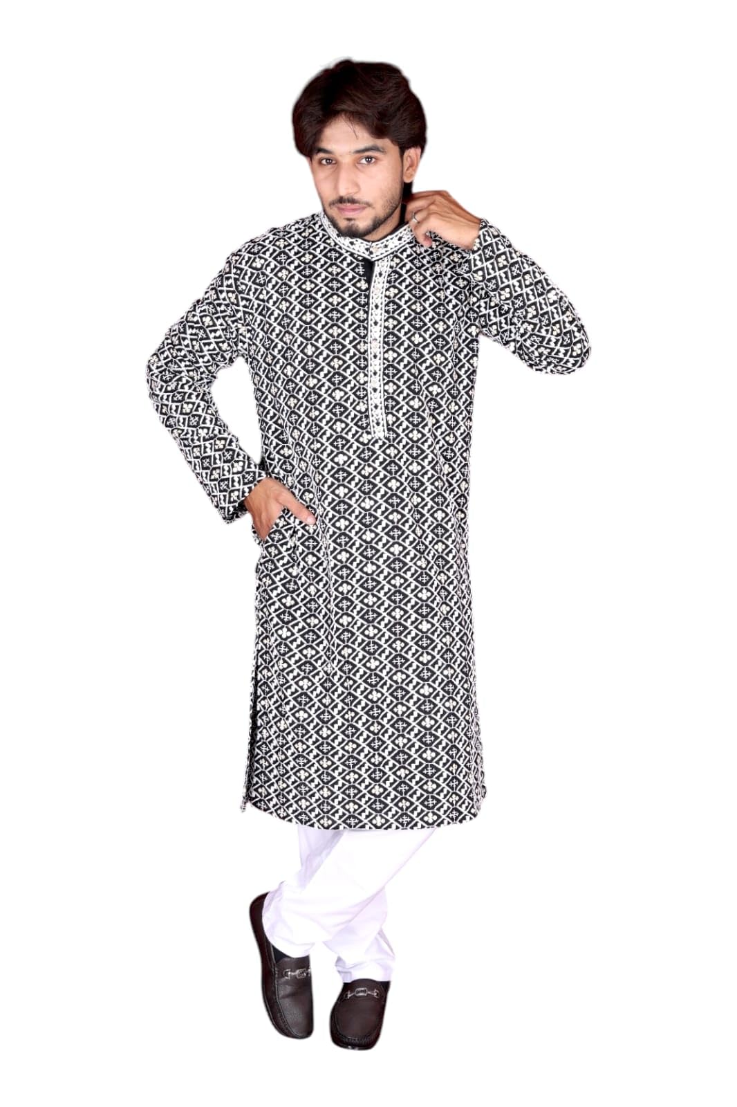 Men's Black & White Patterned Kurti Pair With Pants And Shoes-picture-37