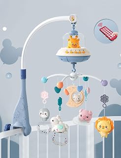 Baby Crib Mobile with Music and Lights, Baby Mobile for Crib with Remote Control, Hanging Rotating Animals Rattles, 16 Songs and Timing Function, Cartoon Baby Crib Toys for Boys (Baby Blue)