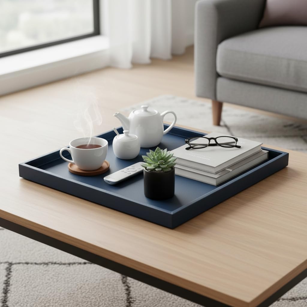 20 * 20 Inch Rectangular Ottoman Tray | Textured PU Leather, Waterproof & Heat-Resistant Storage for Coffee/Dining Tables, Sofa, Bed, Entertainment & Party (Navy Blue, 20 * 20in)