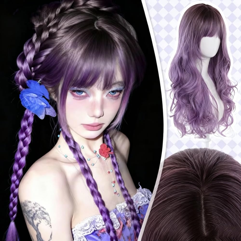 Haarpflege Lila Lange Lockige Perücke Mit Farbverlauf Und Pony Geeignet Für Damen Und Mädchen Im Täglichen Festival-Cosplay-Einsatz