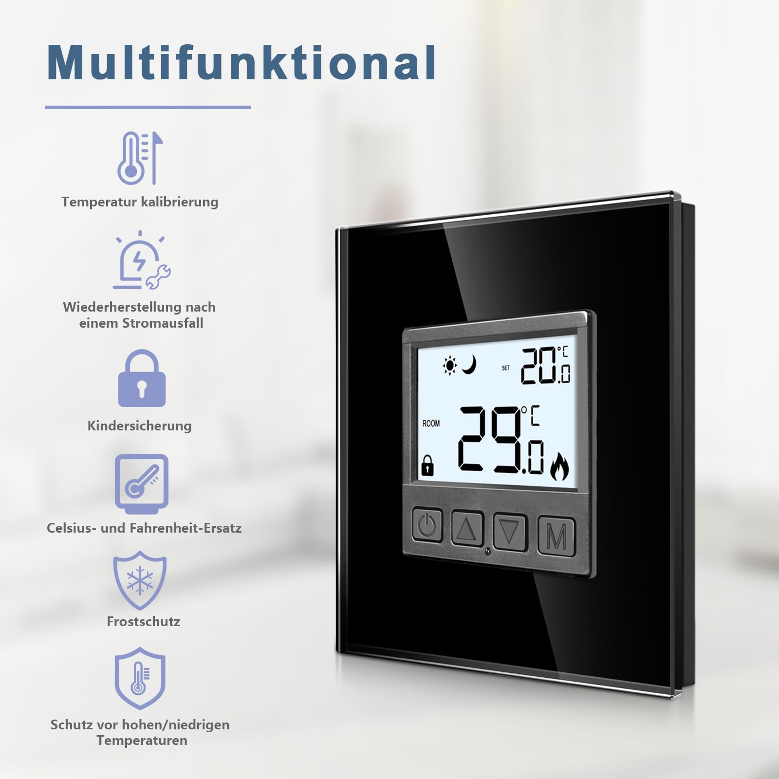 CNBINGO Digitaler Raumthermostat Unterputz mit Fühler, Thermostat für Wasser Fußbodenheizungen und Boiler, Wandthermostat für Heizung und Kühlungssysteme, Schwarz mit Glasrahmen