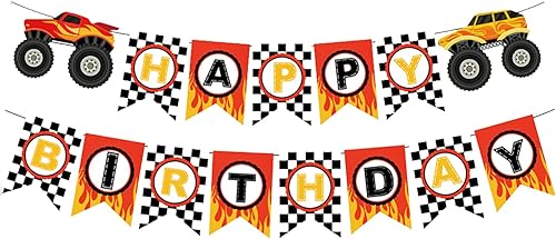 Cartel de cumpleaños de Monster Truck, letrero de autos y camiones con guirnalda, suministros de fiesta temática de autos de carreras, decoración de