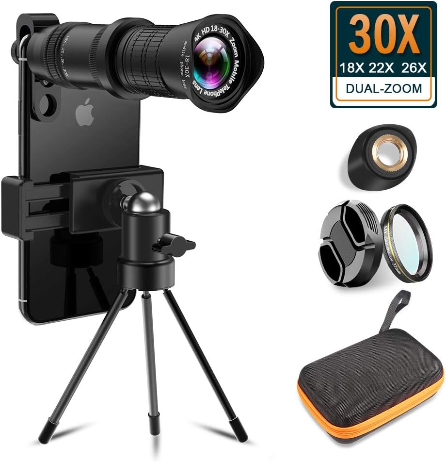 Aokin 30x Cell Phone Camera Lens, 18x to 30x Telephoto Zoom Lens Dual Focus HD 4K, Free UV Lens Detachable Clamps Strong Tripod Portable Package for iPhone XR,XS MAX,XS,X,8,7,6,6s Plus Smartphone
