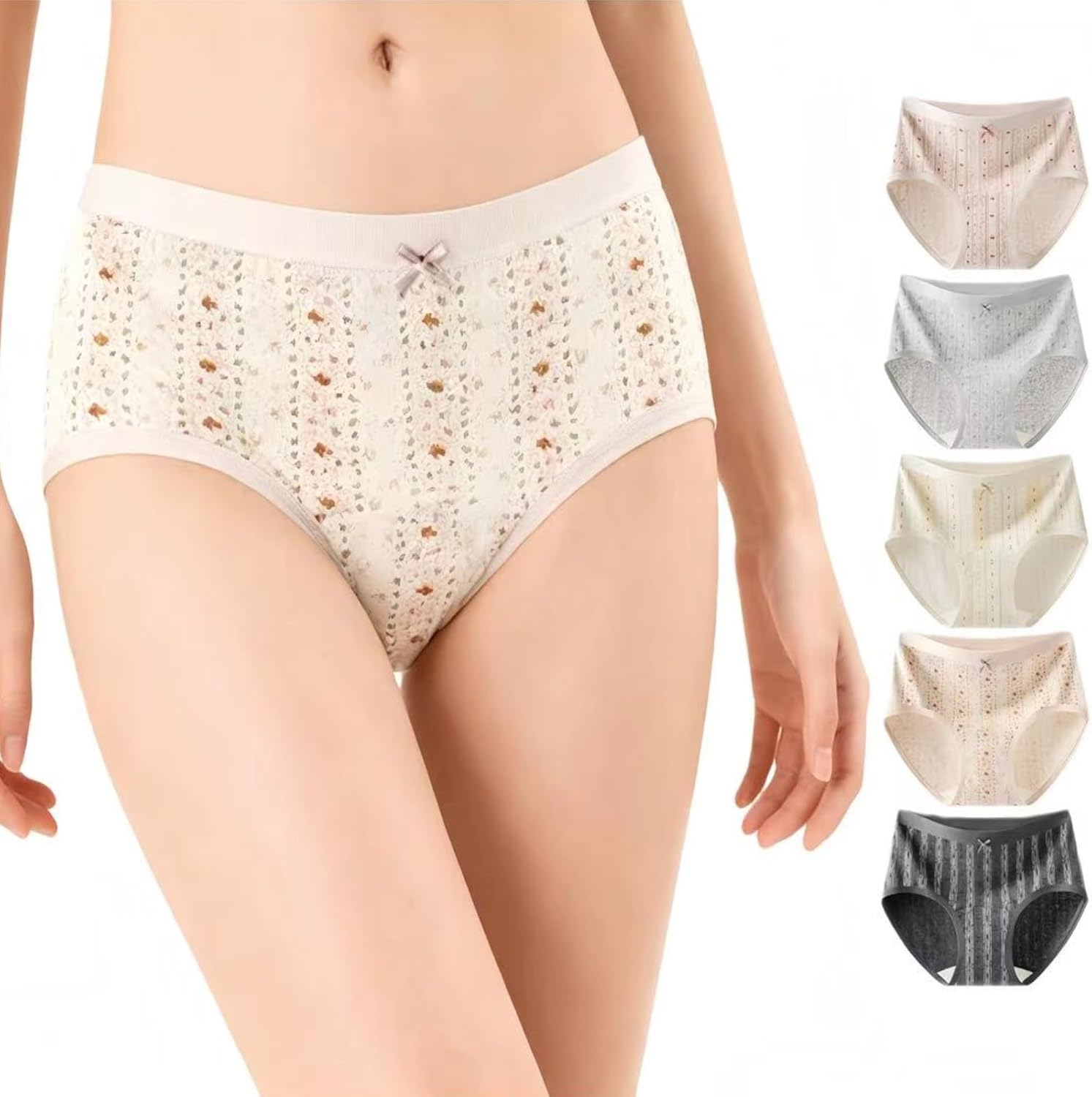 Women's Cotton Floral Cute Bow Panties Girls Soft Underwear Extended Crotch Breathable Full Coverage Briefs 5 Pack