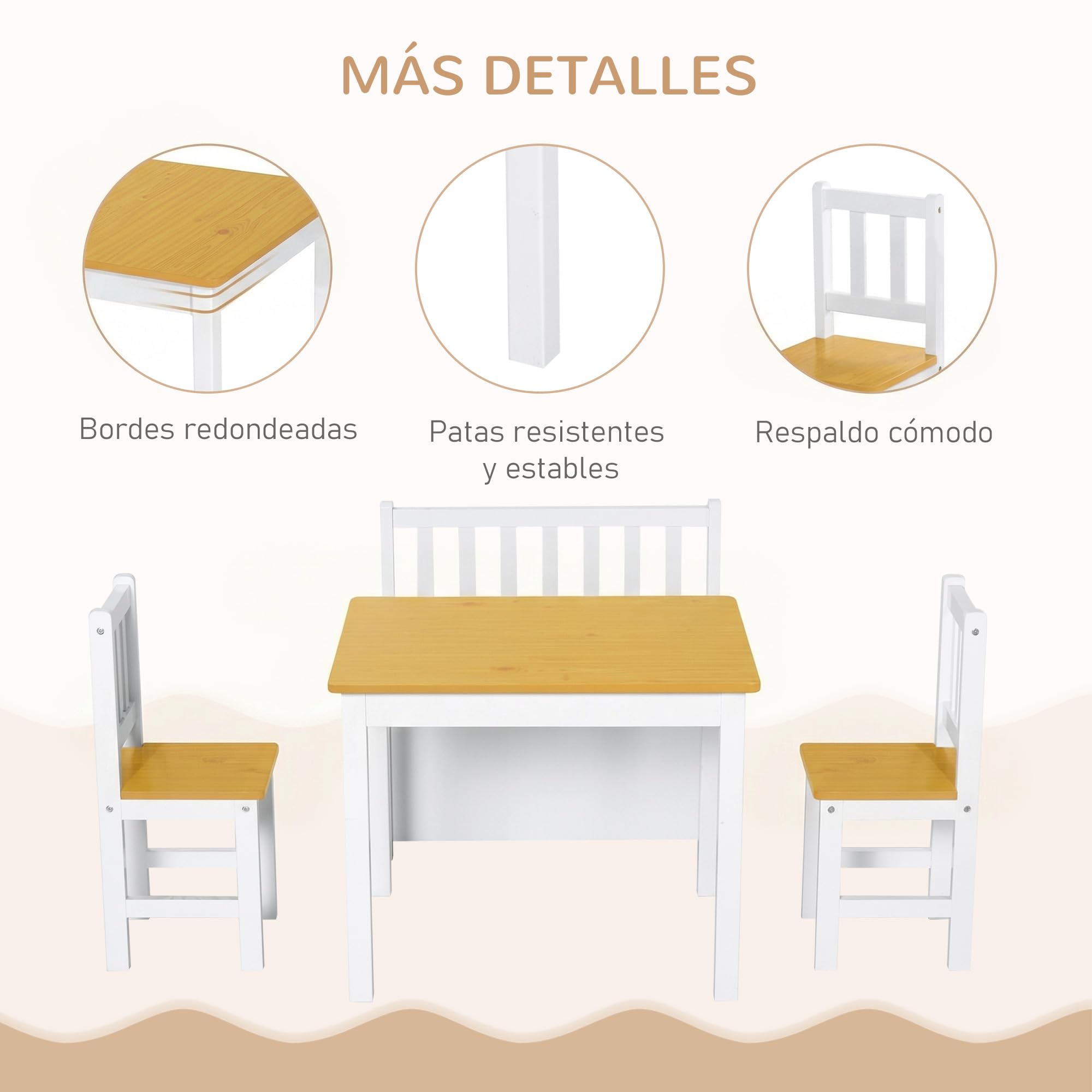 HOMCOM Mesa Infantil con 2 Sillas y Banco con Almacenaje Blanco y Natural | Mesa y Sillas Infantiles de 4 Piezas, Juego de Muebles para Actividades, para Niños de +3 Años, Dormitorio Sala de Juegos
