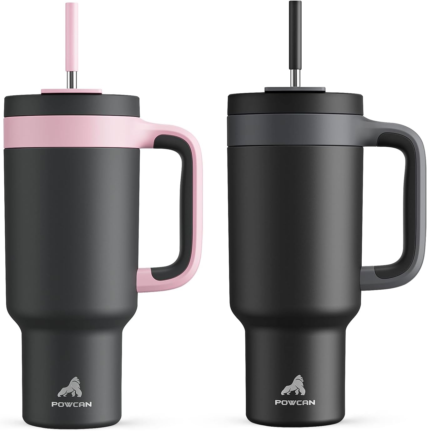 POWCAN 40 oz Tumbler with Handle 2 Pack, 2in1 Straw