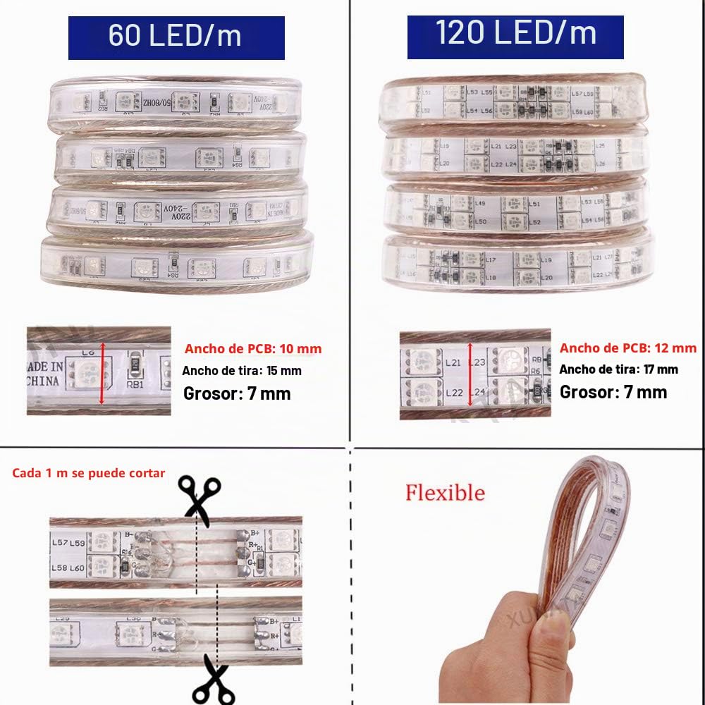 XUNATA 220V RGB Tiras LED con Toque Remoto, 5050 120 LEDs/m Regulable Strip Light (25m), IP67 Impermeable para Interior Exterior Decoración Iluminación Luz