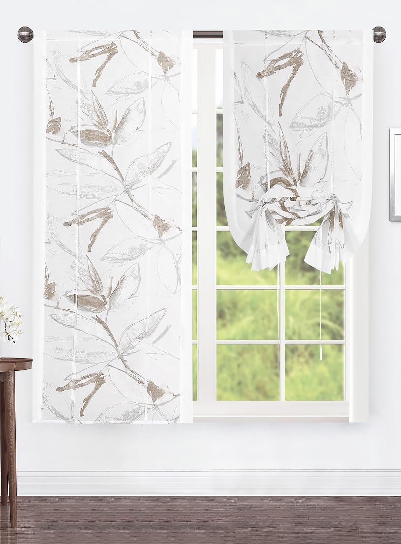HOME ZEN Coppia Tende Trasparenti Floreali, Set 2 Pezzi, 60x150 cm e 60x240 cm, con Passanti, tendine a pacchetto art.ERA (Beige, 60x240 cm)