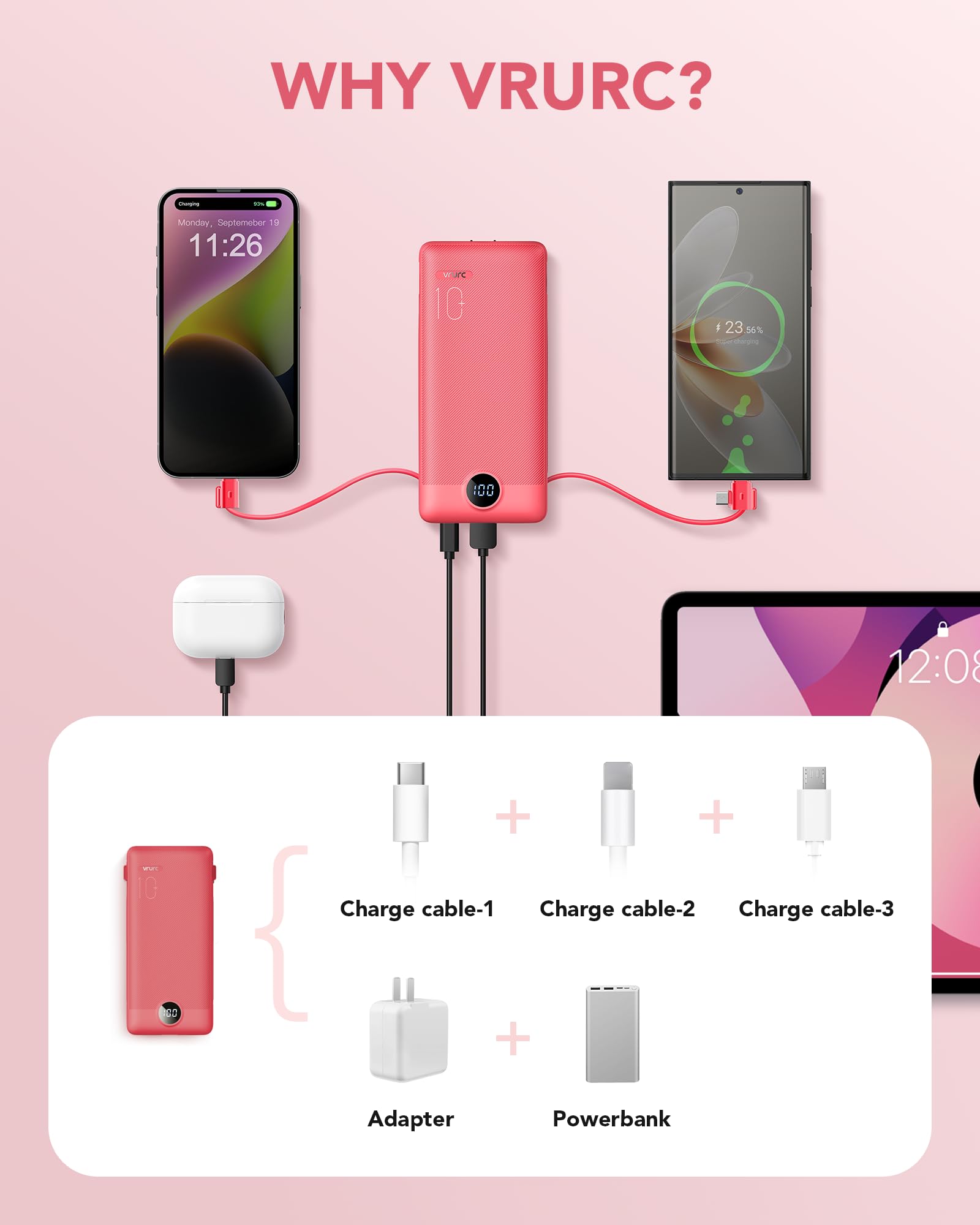 Portable Charger Built-in Cables and AC Wall Plug, VRURC USB C Power Bank 10000mAh, Travel Battery Portable Phone Charger Compact Lightweight External Battery Pack for SmartPhones,Tablets-Viva Magenta view 4