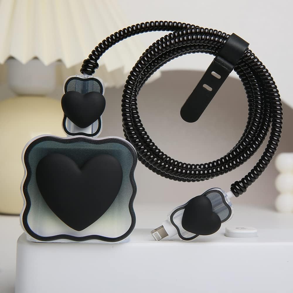 Protective Charger Case for iPhone 18W 20W iPhone17 16 15 14 13 12 11 Pro Max Charging Cable Charger Protective Cover Data Cable Protective Sleeve-Black Heart