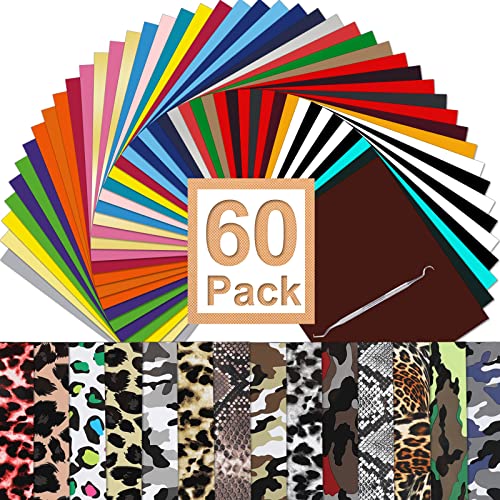 Arhiky Heat Transfer Vinyl Bundle: 60 Pack 12"X10" Iron On Vinyl Sheets For T-Shirt, 44 Assorted Colors Htv Vinyl With Teflon Sheet And Tweezers #TOP5