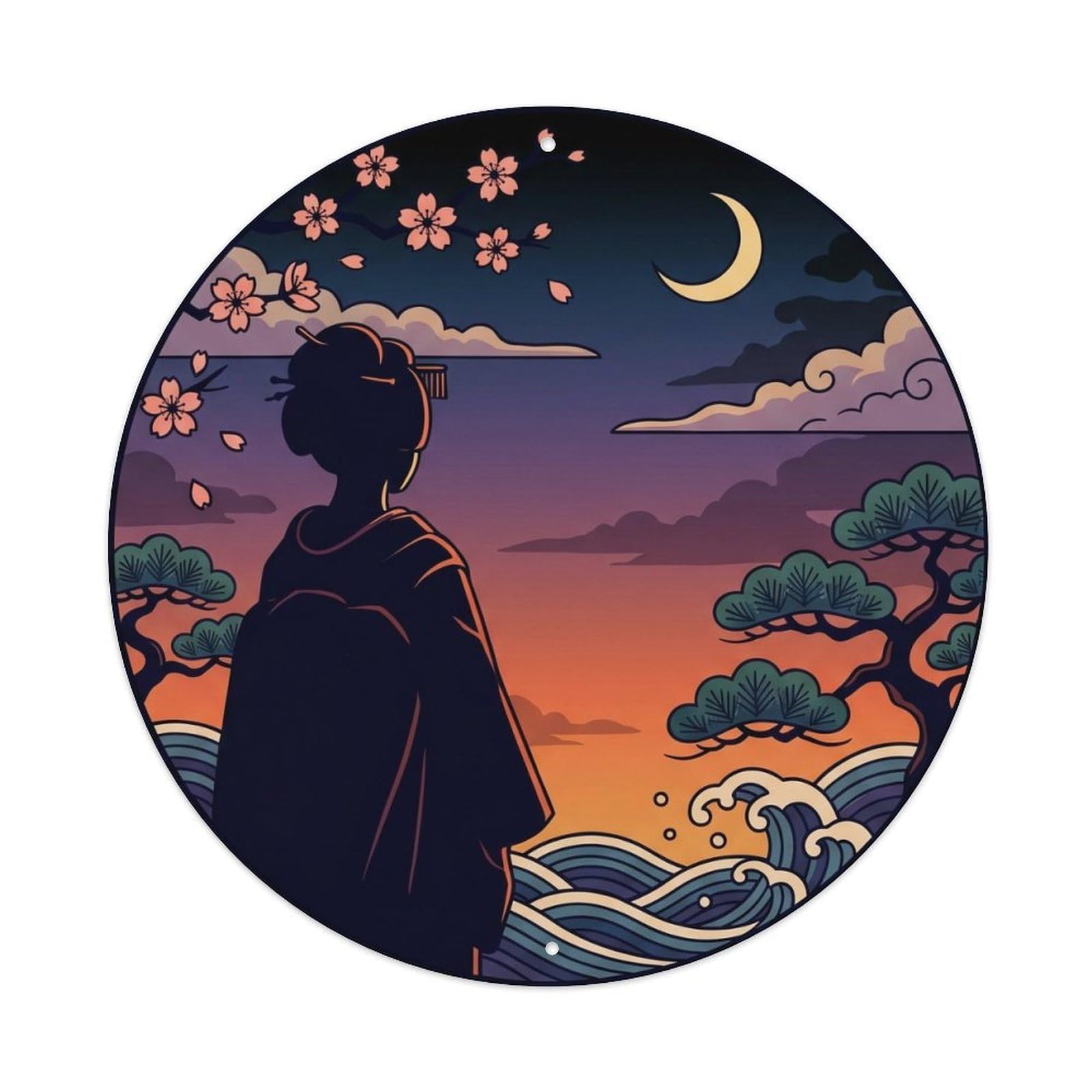 Galvaxio Style Japanese Kimono Woman Viewing Dusk Time Sky Darkening Metal Tin Sign