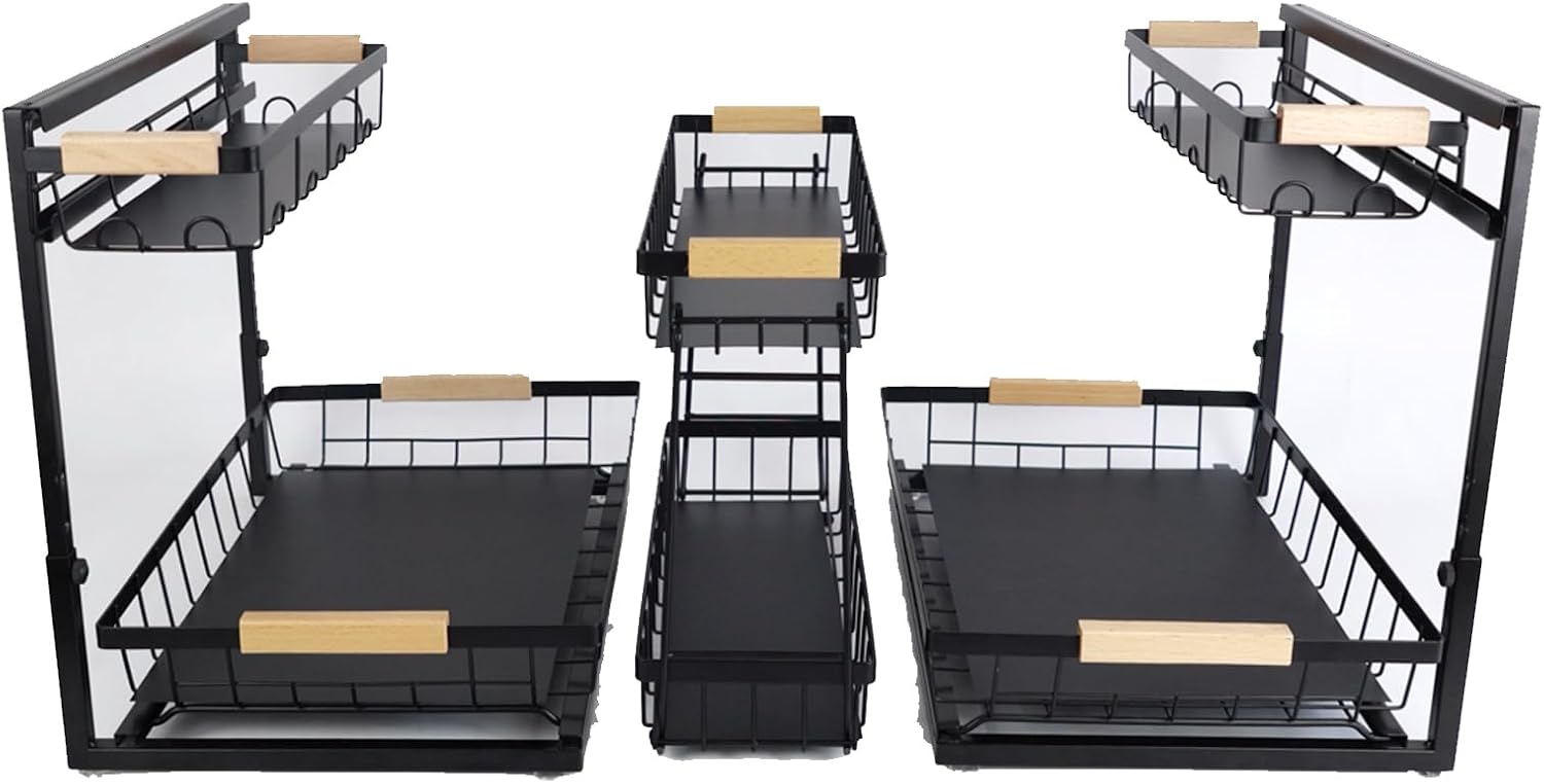 Sevenblue 3 Pack Under Sink Organizer, 2 Tier Pull-Out Height Adjustable Metal Under Kitchen Sink Organizer, Multi-Purpose Storage Shelves for Kitchen Bathroom Cabinet,Black