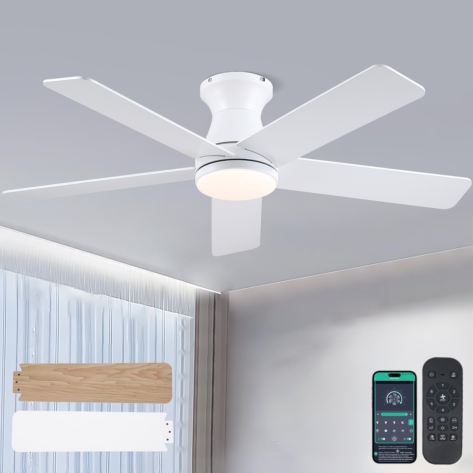 Kviflon Ventilador de techo plano de 117 cm con iluminación LED y mando a distancia, LED con intensidad regulable, 6 velocidades, ventilador de techo moderno empotrable para dormitorio y cocina.