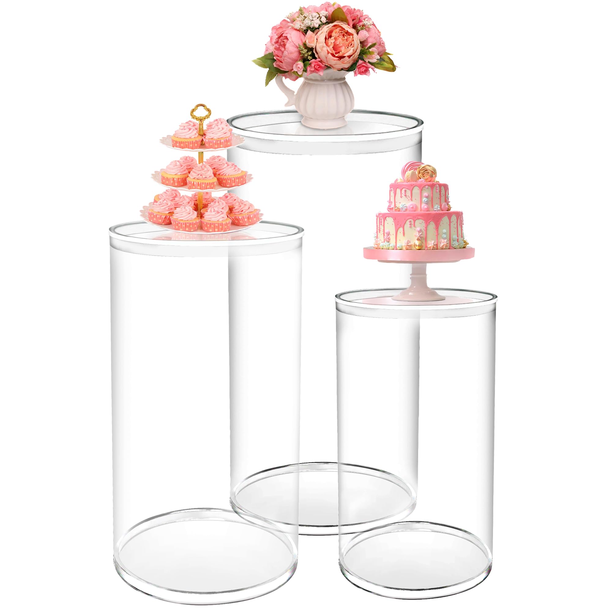 Cylinder Pedestal Stands, Clear Round Cylinder Table Stands for Party Decor, Wedding, Birthdays, Baby Showers, Art Decoration and Fiestas for Cake, Dessert & Flower Display Pillar 3pcs