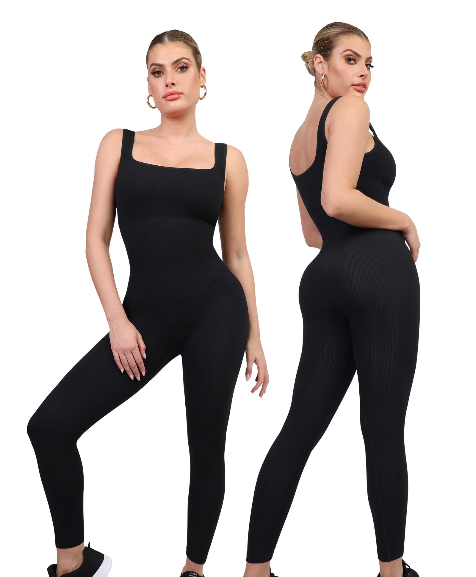 PopilushJumpsuits for Women Built-In Bra Square Neck Ribbed Bodycon Workout Seamless Leggings Rompers Bodysuits