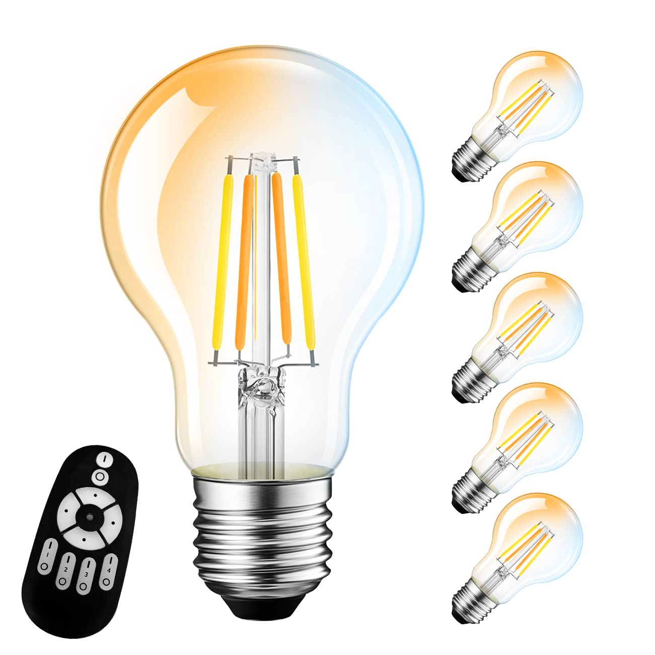 LED電球 調光 電球 フィラメント電球 6個入 調光 調色 60W形相当 E26口金 led 電球 調光 電球 リモコン付き 806LM 消費電力6W クリアタイ Amazon | LED電球 調光 電球 フィラメント電球 6個入 調光 調色 60W形