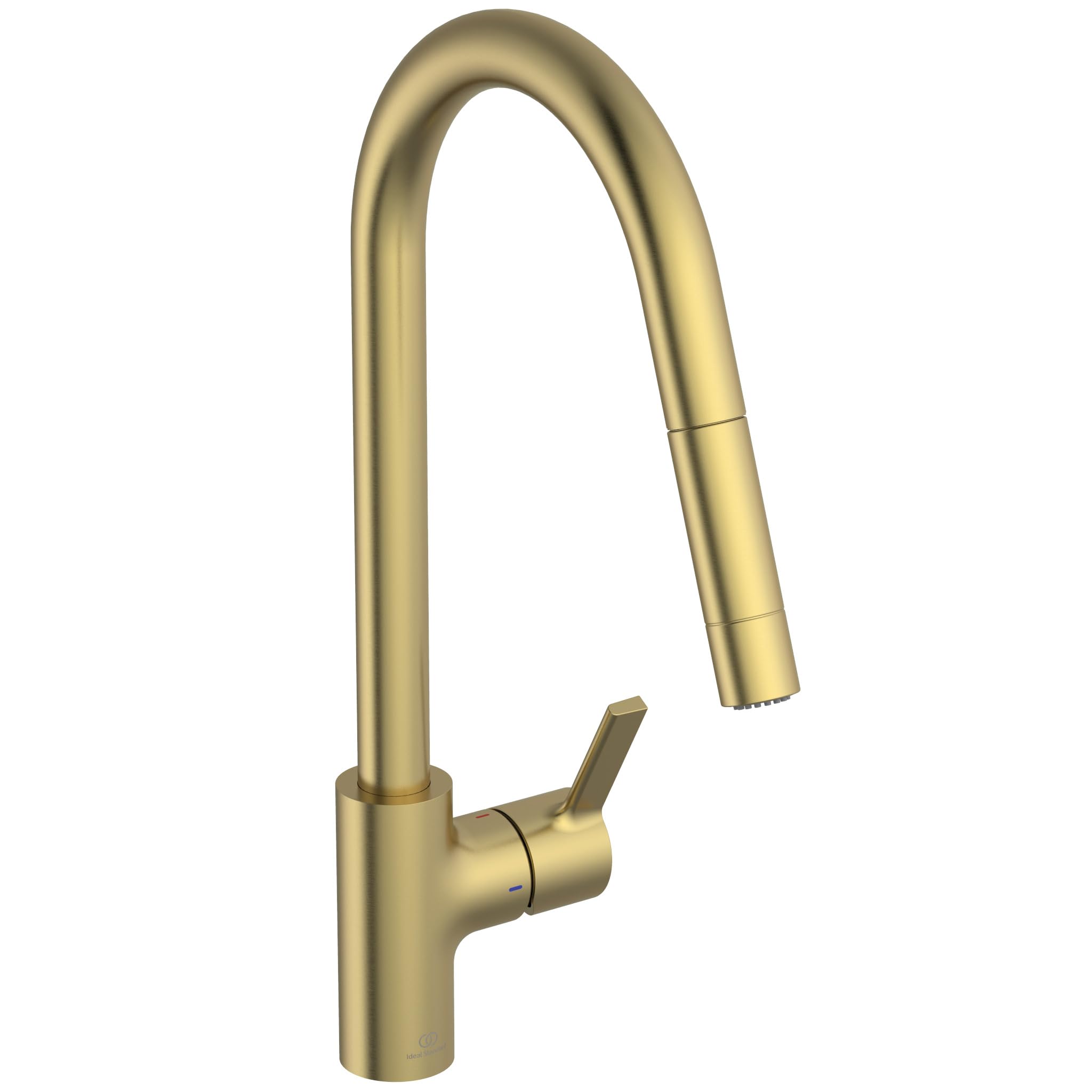 Ideal Standard – Gusto Monomando de cocina, Caño redondo en C, con rociador extraíble y dos modos de chorro, caño giratorio 360°, fácil de instalar con fijación EasyFix+, Oro Cepillado