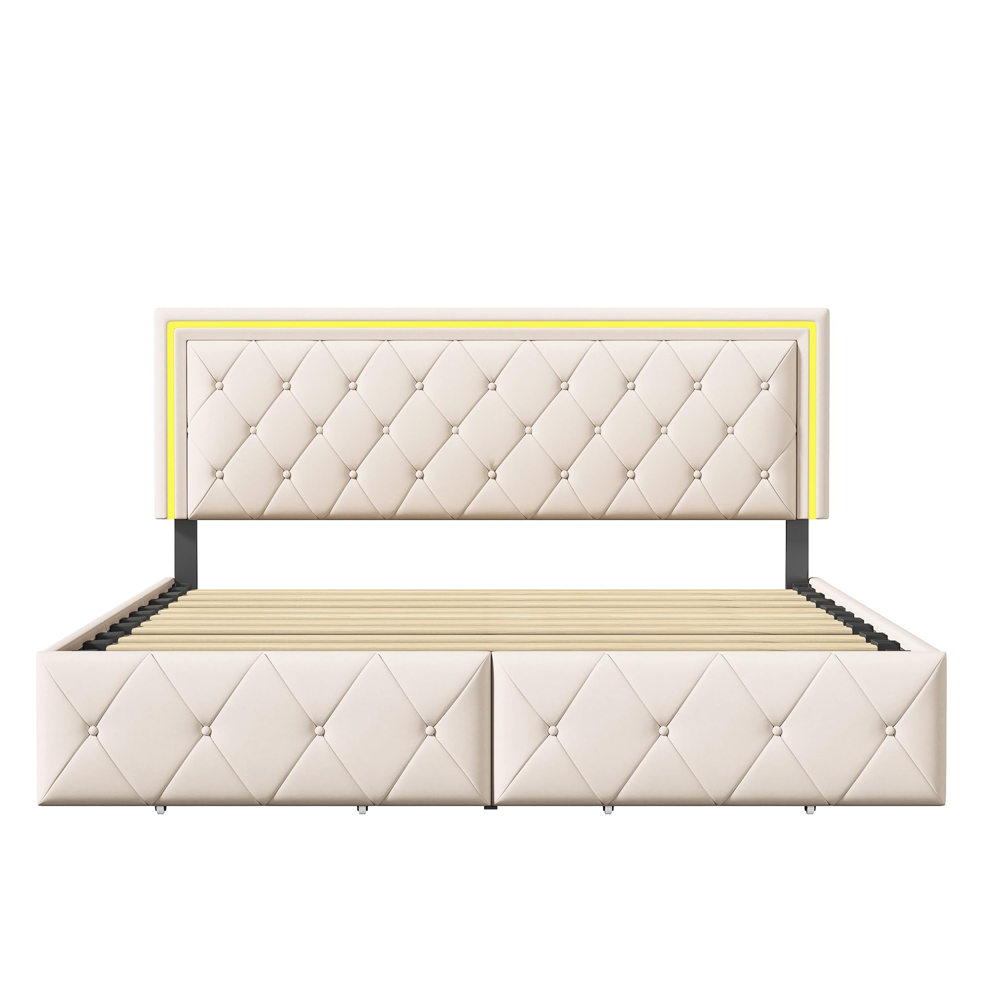 Cama Acolchada de Matrimonio con 4 cajones y LED, Estructura de Cama de Matrimonio, Plataforma de Poliuretano con somier de láminas de Madera, sin colchón (Beige, 140x200cm)